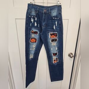 NEW! Jeans Only Halloween Patchwork Distressed Jeans Women’s Small Pumpkin Bat